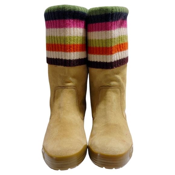 Coach Tatum Tan Suede Multicolor Wool Knit Sweater Cuff Boots Women's Size 9 - Picture 4 of 11